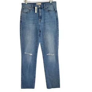 New Madewell Womens 29 Tall High Rise Slim Boy Jeans Straight Distressed Raw Hem